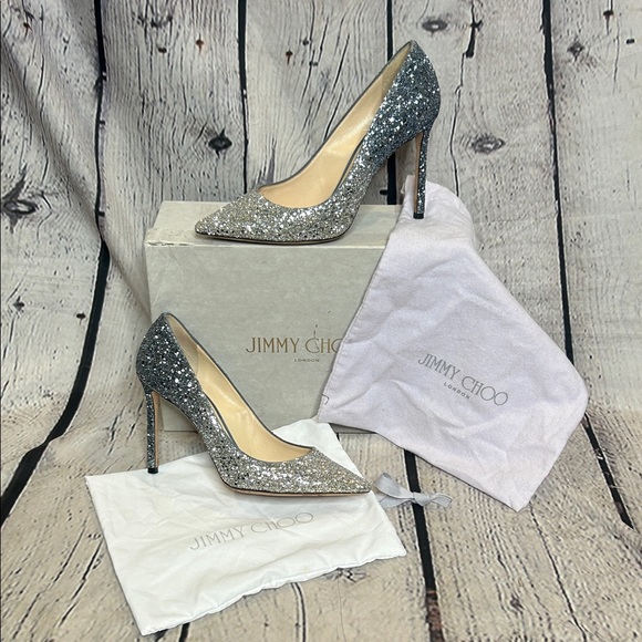 Jimmy Choo Romy 100 Silver/Dusk Blue Glittery Heels In Box Size 39.5 Size 9.5
